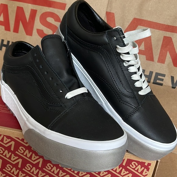 Vans Old Skool Stacked Platforms Shiny Black/True White Men’s - Picture 8 of 16